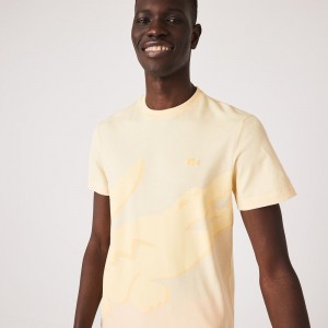 Men's Lacoste Crocodile Print Crew Neck Stretch Organic Cotton T-Shirt Yellow | AEV793012