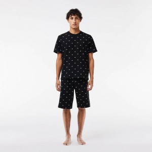 Men's Lacoste Crocodile Print Jersey Pajamas Black White | NDQ429518