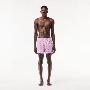 Men's Lacoste Crocodile Print Swim Trunks Pink White | JHS809651