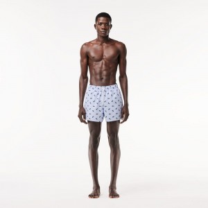 Men's Lacoste Crocodile Print Swim Trunks Light Blue White | NPX371260