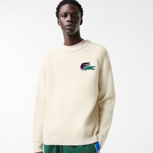 Men's Lacoste Crocodile Sweater Cream | RGD961378