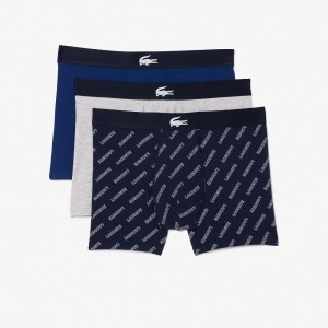 Men's Lacoste Crocodile Waist Long 3-Pack Boxer Briefs Navy Blue White Grey Chine Navy Blue | KWV194275