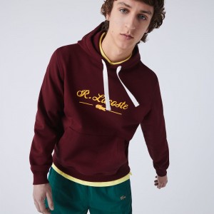 Men's Lacoste Embroidered Lettering Hooded Cotton Fleece Sweatshirt Bordeaux | OSK217934