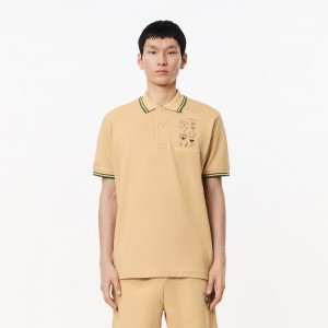 Men's Lacoste Embroidered Patent Cotton Polo Shirts Beige | OPV452093