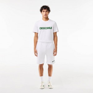 Men's Lacoste Embroidered Slogan Fleece Shorts White | PWH067543