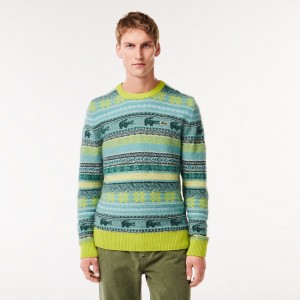 Men's Lacoste Fair Isle Alpaca and Wool Blend Sweater Flashy Yellow White | CJM569384