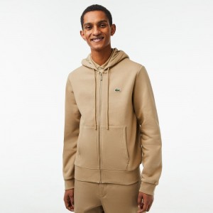 Men's Lacoste Fleece Zip-Up Hoodie Beige | PLO586139