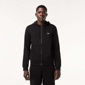 Men's Lacoste Fleece Zip-Up Hoodie Black | UBZ608319