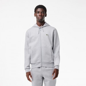 Men's Lacoste Fleece Zip-Up Hoodie Grey Chine | GMQ164953