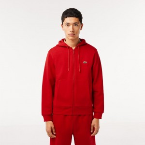 Men's Lacoste Fleece Zip-Up Hoodie Red | NIM085613