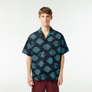 Men's Lacoste Globe Print Cotton Twill Shirt Black Blue | DNC268417