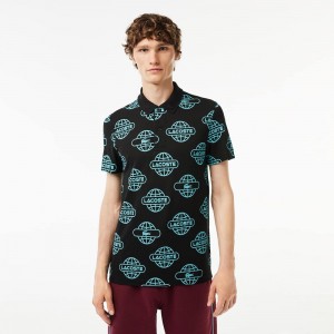 Men's Lacoste Globe Print Lacoste Movement Polo Shirts Black Blue | XGZ086479