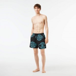 Men's Lacoste Globe Print Shorts Black Blue | XDZ145267