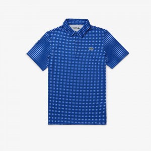 Men's Lacoste Golf Print Recycled Polyester Polo Shirts Blue White | YWQ714528