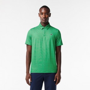 Men's Lacoste Golf Print Recycled Polyester Polo Shirts Green White | FJI435928