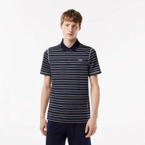 Men's Lacoste Golf Recycled Polyester Stripe Polo Shirts Navy Blue Light Green White Beige | HKP729804