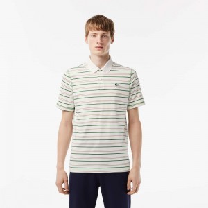 Men's Lacoste Golf Recycled Polyester Stripe Polo Shirts White Beige Navy Blue Green | KMU415086