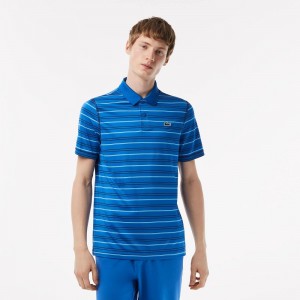 Men's Lacoste Golf Recycled Polyester Stripe Polo Shirts Blue Navy Blue White Blue | YFG609587