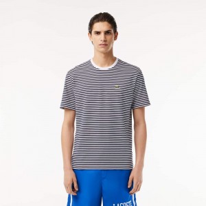 Men's Lacoste Heavy Cotton Striped T-Shirt White Navy Blue | FXA041739