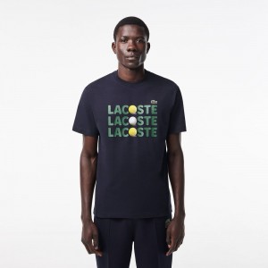 Men's Lacoste Heavy Cotton Tennis Ball Print T-Shirt Abysm blue | NEL620914