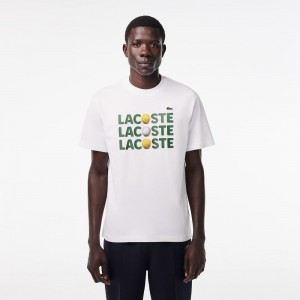 Men's Lacoste Heavy Cotton Tennis Ball Print T-Shirt White | YHW806947