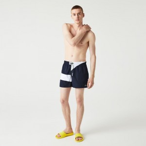 Men's Lacoste Heritage Graphic Patch Light Swim Trunks Navy Blue White | FGT782613