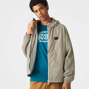 Men's Lacoste Hooded Check Twill Jackets Beige Navy Blue White Khaki Green | WUC210479