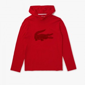 Men's Lacoste Hooded Long Sleeve Lounge T-Shirt Red | TRQ981527