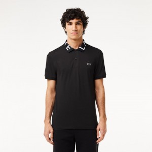 Men's Lacoste Jacquard Collar Lacoste Movement Polo Shirts Black | FJB608217