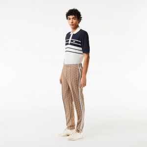 Men's Lacoste Jacquard Monogram Paris Sweatpants Beige Brown | JZG162487