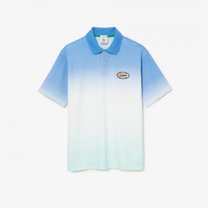 Men's Lacoste LIVE Loose Fit Gradated Print Cotton Polo Shirts Blue White Turquoise | YLV701594