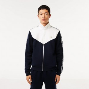 Men's Lacoste Lacoste Classic Fit Colorblock Zipped Jogger Sweatshirt Navy Blue White | IYL794053