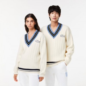 Men's Lacoste Lacoste x EleVen by Venus Oversized Striped V-Neck Sweater White | XSJ124875