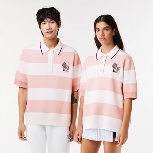 Men's Lacoste Lacoste x EleVen by Venus Oversized Striped Polo Collar Sweater White Pink | SZJ673280