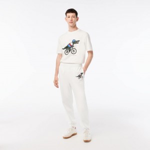 Men's Lacoste Lacoste x Netflix Croc Print Sweatpants White | VOM057419