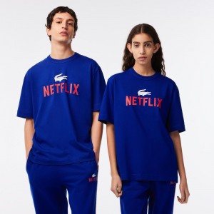 Men's Lacoste Lacoste x Netflix Loose Fit Organic Cotton T-Shirt Gentian blue | CVW148750