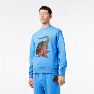 Men's Lacoste Lacoste x Netflix Organic Cotton Fleece Print Sweatshirt Ethereal blue | LBT273591