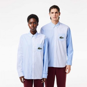 Men's Lacoste Large Croc Striped Cotton Shirt White Blue | IAZ521980