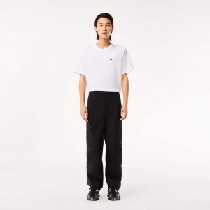 Men's Lacoste Lightweight Cotton Cargo Pants Black | PJF734056