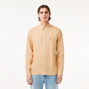 Men's Lacoste Linen Shirt Beige | PKA560231