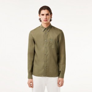 Men's Lacoste Linen Shirt Khaki Green | EHI593176