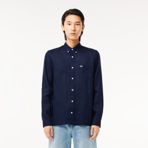 Men's Lacoste Linen Shirt Navy Blue | MFG547960