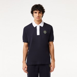 Men's Lacoste Logo Badge Contrast Collar Polo Shirts Navy Blue White | TGM738106