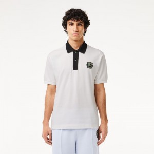 Men's Lacoste Logo Badge Contrast Collar Polo Shirts White Black | OWV924305