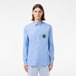 Men's Lacoste Logo Badge Striped Shirt Blue White | RZW653072