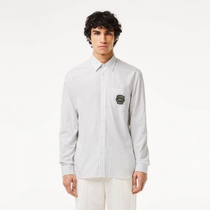 Men's Lacoste Logo Badge Striped Shirt White Beige | BRV846025