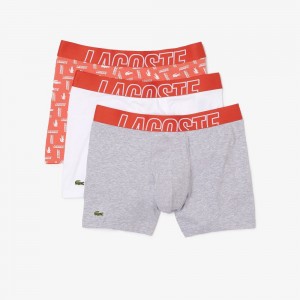 Men's Lacoste Logo Print 3-Pack Boxer Briefs Orange Grey Chine White | ZXA968473