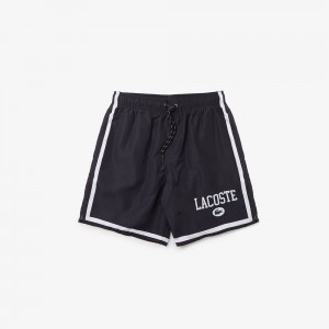 Men's Lacoste Logo Printed Swim Trunks Navy Blue White | JFE371296