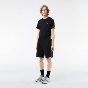 Men's Lacoste Logo Stripe Fleece Shorts Black | VLH619740