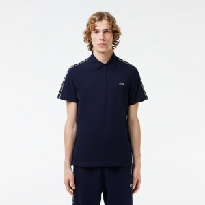 Men's Lacoste Logo Stripe Stretch Piqué Polo Shirts Navy Blue | TMU682053